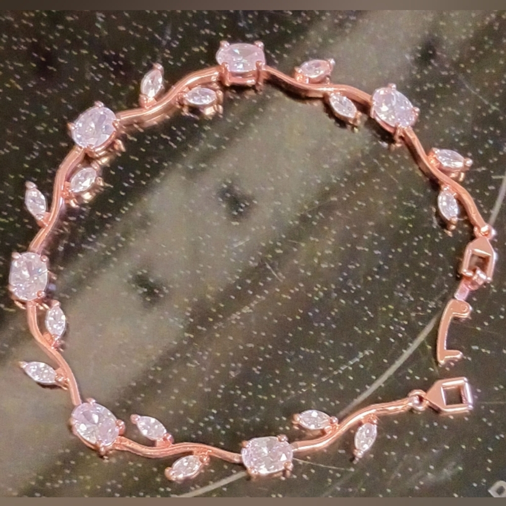 Rose Gold Toned Leaf Bracelet, 8" length - Picture 3 of 6